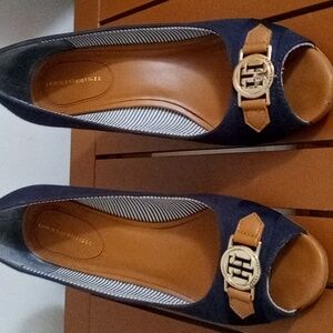 Cute summer blue fabric wedges with a 4 inch heel